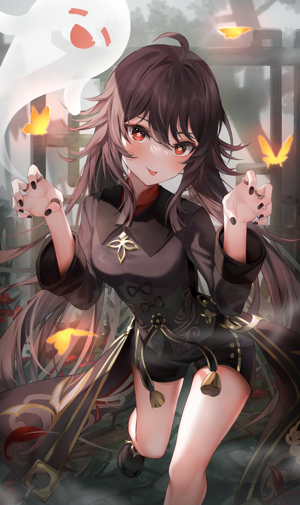 1girl :p ahoge bangs black_headwear black_nails black_shorts blush breasts brooch brown_coat brown_footwear brown_hair brown_shorts bug butterfly chinese_clothes coat coattails collared_coat dot_nose flower flower-shaped_pupils foot_out_of_frame genshin_impact ghost ghost_pose hair_between_eyes hair_flaps hands_up highres hu_tao_(genshin_impact) jewelry long_hair long_sleeves looking_at_viewer medium_breasts multiple_rings nail_polish no_headwear red_eyes ring short_shorts shorts shuvi_(shuvi1125) sidelocks solo standing symbol-shaped_pupils tassel thighs tongue tongue_out twintails very_long_hair