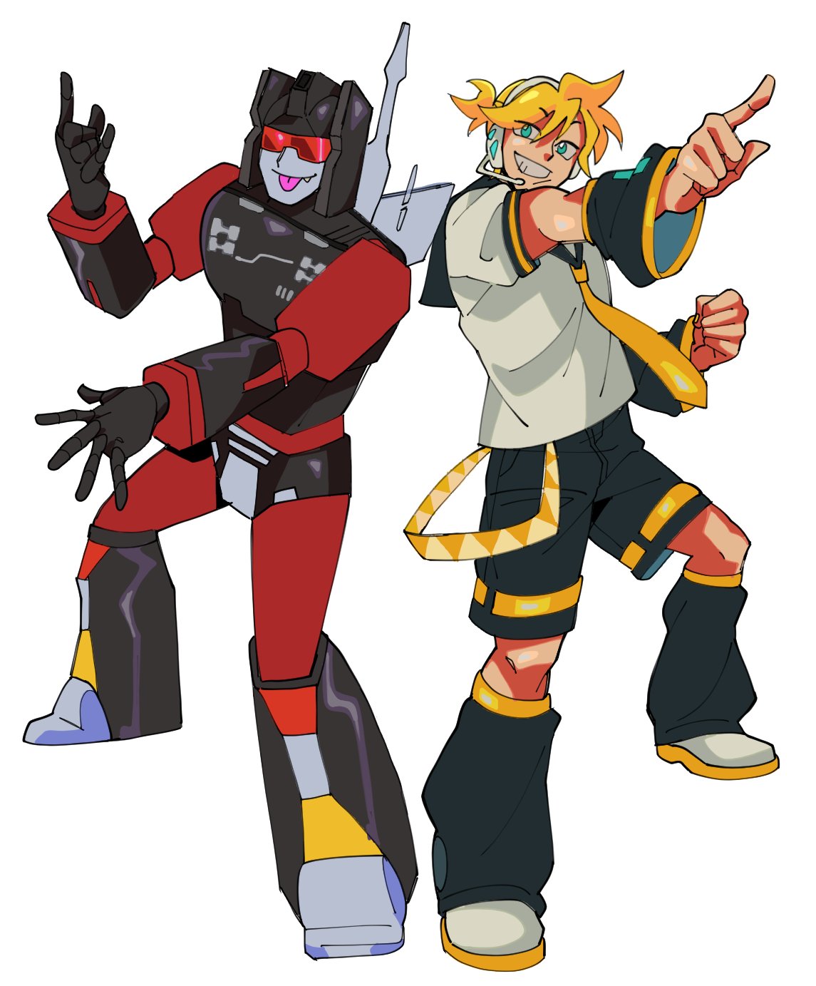 2boys \m/ black_shorts blonde_hair crossover decepticon detached_sleeves english_commentary fang fang_out head_tilt highres kagamine_len looking_at_viewer male_focus mecha multiple_boys necktie nya_zuline pointing robot rumble_(transformers) sailor_collar shirt shoes shorts sneakers tongue tongue_out transformers tube_socks vocaloid white_background white_footwear white_shirt yellow_belt yellow_necktie