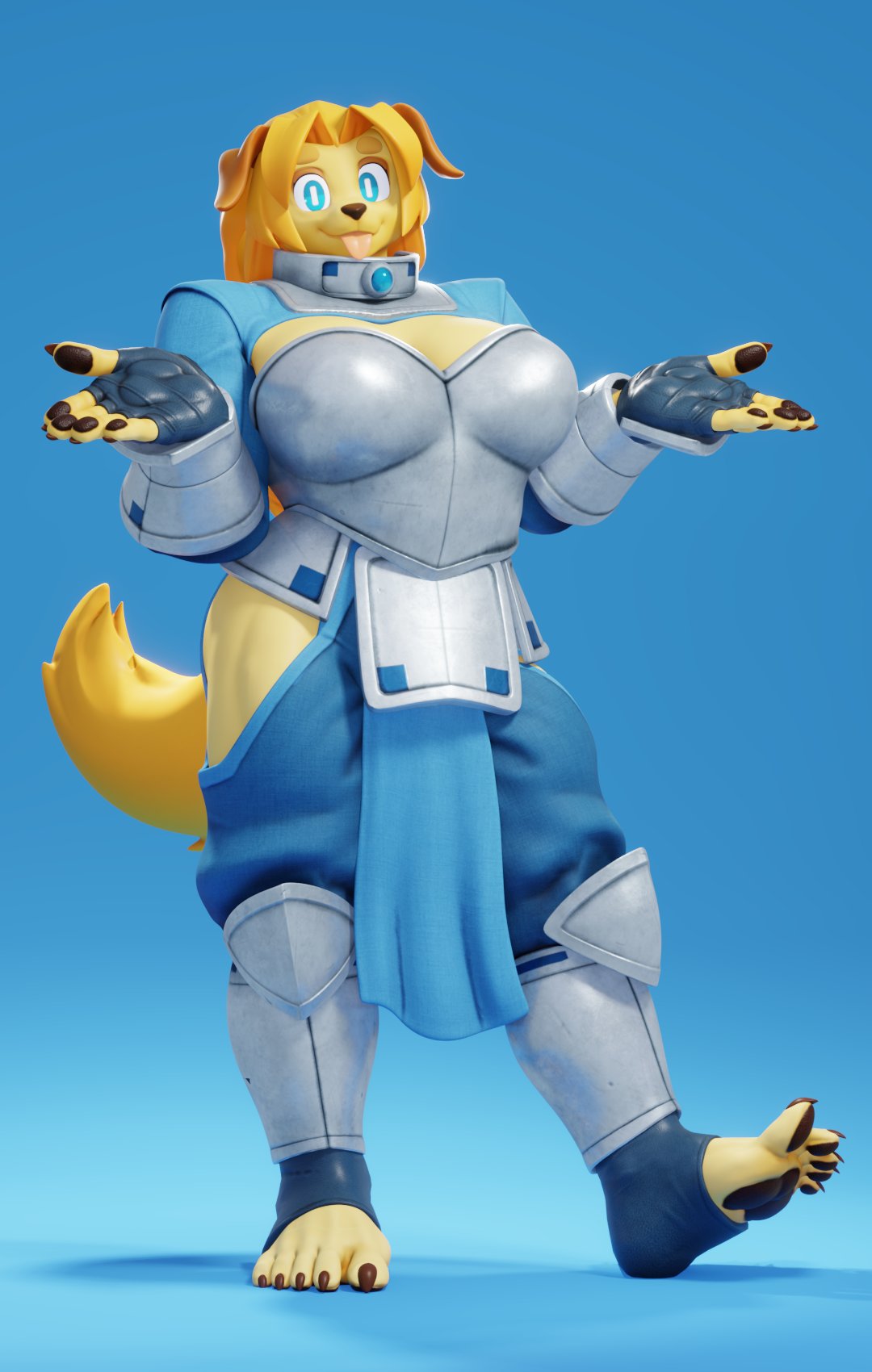 2022 3d_(artwork) 5_toes anthro armor bird_dog blep blonde_hair blue_background blue_eyes breastplate breasts canid canine canis cleavage clothed clothing connivingrat digital_media_(artwork) dog_knight_rpg domestic_dog feet female fingerless_gloves fur gloves golden_retriever gradient_background hair handwear hi_res humanoid_feet hunting_dog jeane_(ceehaz) mammal pawpads retriever shrug simple_background solo standing tan_body tan_fur toes tongue tongue_out