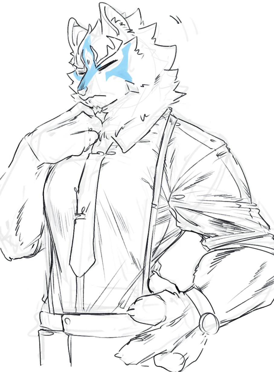 anthro canid canine facial_markings head_markings hi_res kzy_r9877 lifewonders live-a-hero male mammal markings muscular muscular_anthro muscular_male necktie sadayoshi sketch solo suspenders video_games