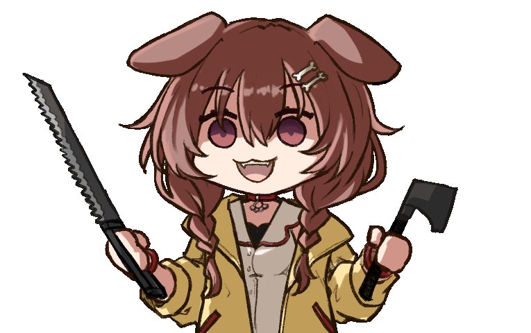 1girl :3 :d animal_collar animal_ears axe bangs bone_hair_ornament bonesaw braid brown_eyes brown_hair chibi collar dog_ears dog_girl dress empty_eyes fangs hair_between_eyes hair_ornament hairclip hatchet_(axe) holding holding_axe hololive inugami_korone jacket long_hair low_twin_braids low_twintails open_clothes open_jacket open_mouth oracle_silbern red_collar shaded_face simple_background smile solo twin_braids twintails upper_body virtual_youtuber white_background white_dress yandere yellow_jacket