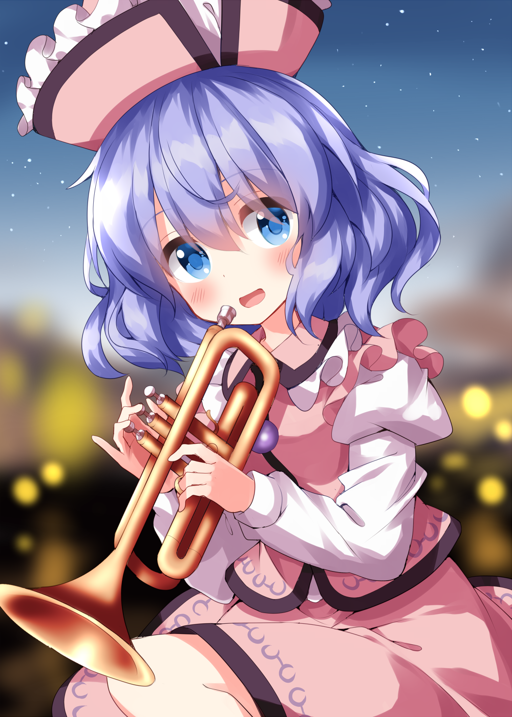 1girl blue_eyes blue_hair blush happy highres holding holding_instrument instrument juliet_sleeves light_blue_hair long_sleeves looking_at_viewer medium_hair merlin_prismriver one-hour_drawing_challenge open_mouth outdoors pink_headwear pink_skirt pink_vest pointy_hat puffy_sleeves ruu_(tksymkw) shirt skirt skirt_set solo touhou trumpet vest white_shirt