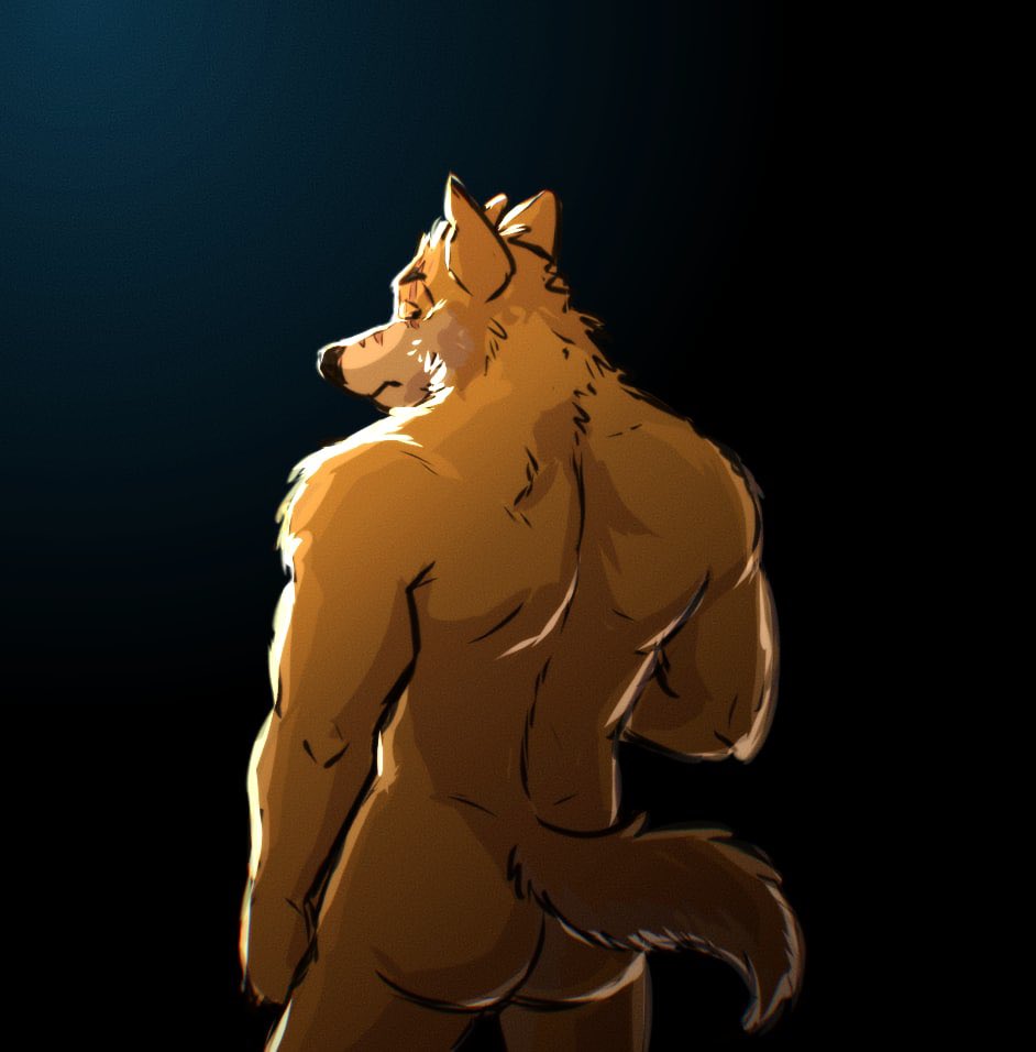 2022 anthro black_background butt canid canine canis cooper_krager eye_scar eyes_closed facial_scar male mammal muscular muscular_male nude paintfox rear_view remember_the_flowers scar simple_background solo wolf