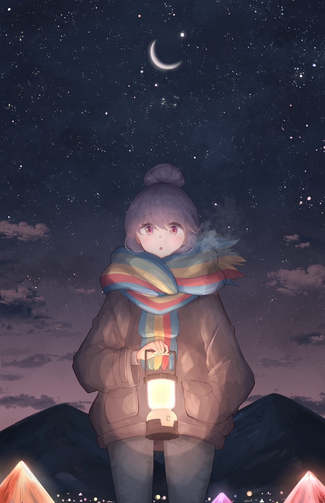 1girl bangs blue_hair blue_pants breath brown_jacket cloud cloudy_sky crescent_moon cropped_legs denim hair_between_eyes hair_bun hand_in_pocket highres holding holding_lantern jacket jeands lantern long_sleeves looking_at_viewer moon multicolored_clothes multicolored_scarf night open_mouth outdoors pants purple_eyes scarf shima_rin sky solo star_(sky) starry_sky striped striped_scarf tent yosshii_(ne_ko_matter) yurucamp