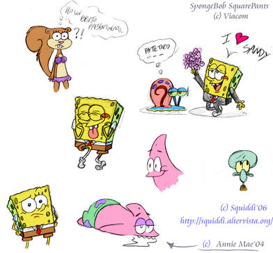 2004 2006 annie_mae_(artist) anthro asterozoan bikini bikini_bottom bikini_top bottomwear cephalopod clothed clothing coleoid dialogue echinoderm female flowers_in_hand gary_the_snail gastropod italian_text low_res male mammal marine mollusk necktie nickelodeon octopodiform octopus patrick_star rodent sandy_cheeks sciurid shorts sketch sketch_page snail solo speech_bubble sponge spongebob_squarepants spongebob_squarepants_(character) squidward_tentacles starfish stepanda suit swimwear text