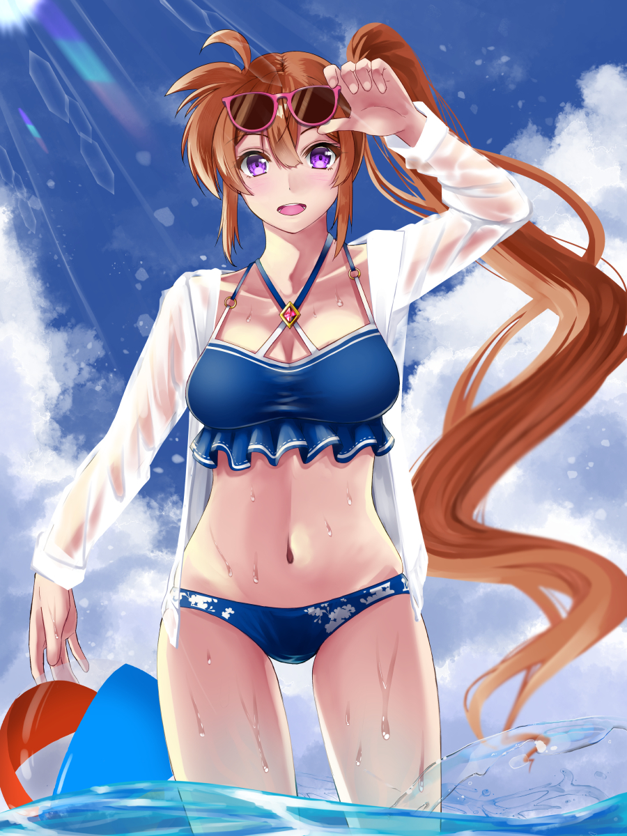 1girl ball beachball bikini bikini_under_clothes blue_bikini blurry blush bokeh breasts collarbone depth_of_field hair_between_eyes highres large_breasts long_hair looking_at_viewer lyrical_nanoha mahou_shoujo_lyrical_nanoha navel nose_blush orange_hair shirt side_ponytail smile solo sougetsu_izuki swimsuit takamachi_nanoha thighs wading water white_shirt