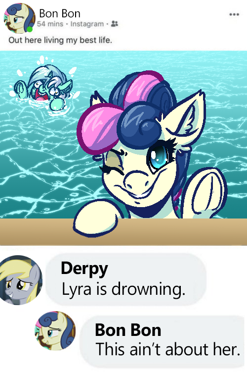 asphyxiation bonbon_(mlp) derpy_hooves_(mlp) drowning earth_pony english_text equid equine friendship_is_magic hasbro horn horse looking_at_viewer lyra_heartstrings_(mlp) mammal my_little_pony one_eye_closed pony social_media text unicorn wink winking_at_viewer witchtaunter