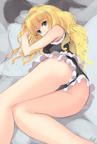 an2a ass bare_shoulders blonde_hair blue_eyes frilled_panties frills hat hat_removed headwear_removed kirisame_marisa legs long_hair looking_back lying on_side panties pillow sketch smile solo thighs touhou underwear wavy_hair
