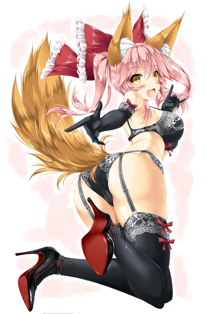 1girl :d animal_ears ass black_bra black_legwear black_panties bow bra breasts cameltoe elbow_gloves fang fate/grand_order fate_(series) fox_ears fox_tail garter_belt garter_straps gloves hair_bow high_heels highres kamiya_tomoe lace lace-trimmed_thighhighs large_breasts looking_at_viewer open_mouth panties pink_hair smile solo tail tamamo_(fate)_(all) tamamo_cat_(fate) thighhighs underwear yellow_eyes