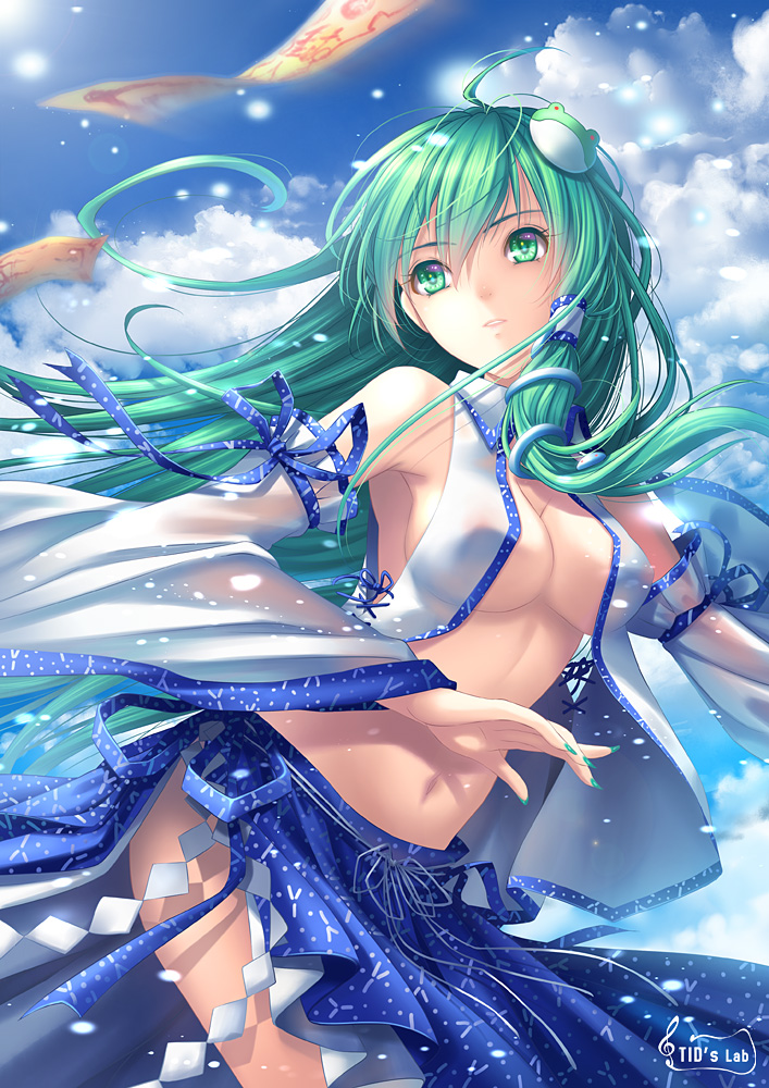 breasts cleavage cloud day detached_sleeves fingernails frog green_eyes green_hair green_nails hair_ornament kochiya_sanae large_breasts lens_flare long_fingernails long_hair motion_blur nail_polish navel ofuda open_clothes open_shirt outdoors parted_lips ribbon see-through shirt side_slit sky snake solo tidsean touhou underboob vest