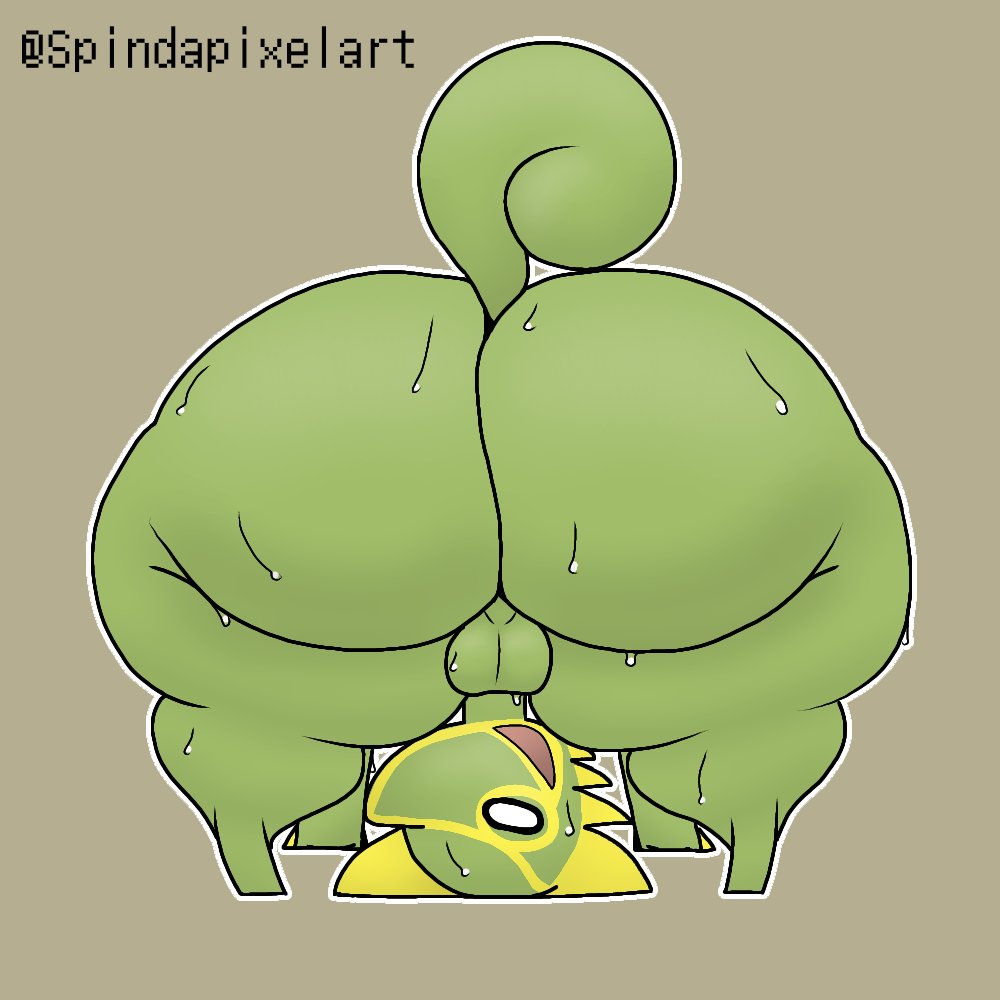 1:1 2022 all_fours anthro axoarts backsack balls bent_over big_butt biped bodily_fluids butt empty_eyes fan_character generation_3_pokemon genitals green_body grey_background huge_butt huge_thighs kecleon looking_through looking_through_legs male markings nintendo nude open_mouth pokemon pokemon_(species) presenting presenting_hindquarters raised_tail rear_view simple_background small_balls solo standing sweat thick_thighs video_games vimmy_(squishy)