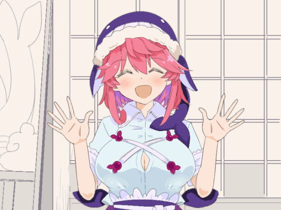 1girl :d ^_^ animated animated_gif blue_shirt blush bouncing_breasts breasts cleavage closed_eyes happy large_breasts okunoda_miyoi pink_hair puuakachan shirt short_hair sidelocks smile solo touhou upper_body waving whale_hat wing_collar