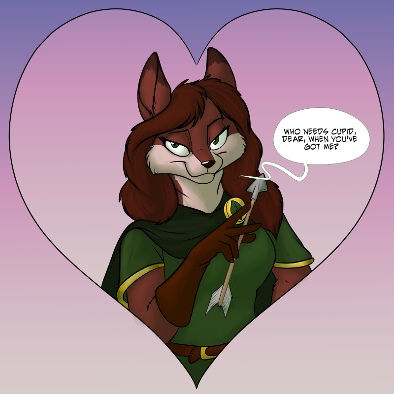 &lt;3 2022 anthro arrow_(weapon) black_nose breasts brown_body brown_fur brown_hair canid canine cape clothed clothing dialogue diana_(rebelsqurl) diana_artemis dipstick_ears english_text female fox foxenawolf fur gloves hair handwear holidays looking_at_viewer mammal multicolored_ears ranged_weapon solo text valentine's_day weapon