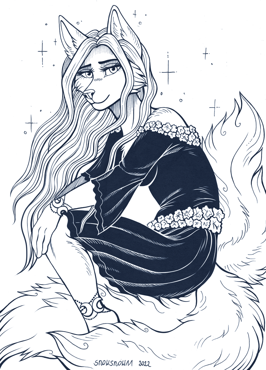 2022 anthro breasts canid canine clothed clothing crouching dress female fingers fox fur hair hi_res humanoid_hands izzie_(thesolarwinds) long_hair mammal multi_tail signature sketch smile snowsnow11 solo