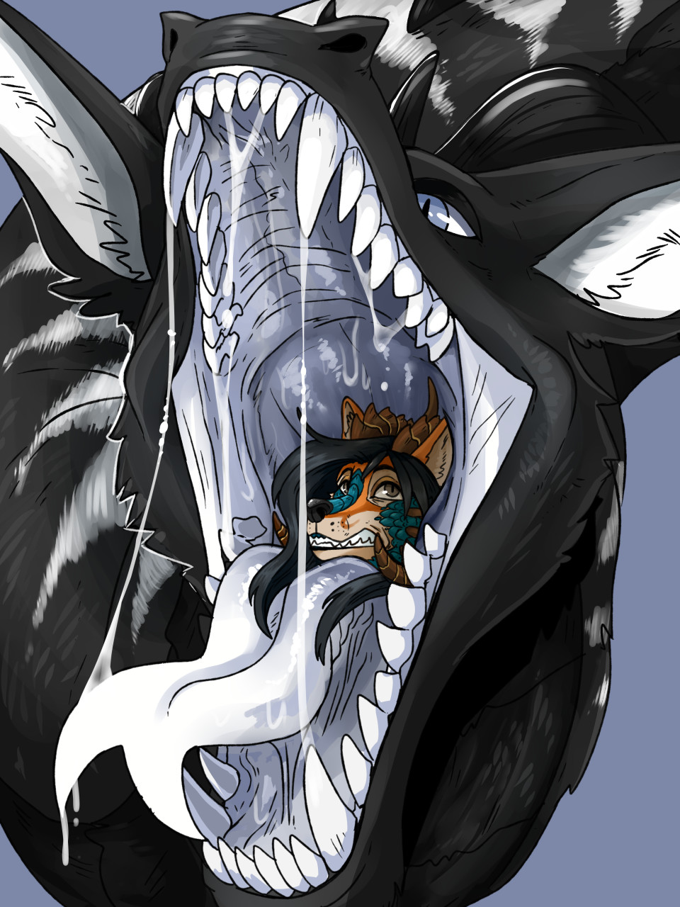3:4 ambiguous_gender anthro black_body black_ears black_hair black_horn blue_background blue_body blue_eyes bodily_fluids brown_eyes brown_horn dragon duo fangs female feral forked_tongue front_view glistening glistening_eyes grey_tongue hair hi_res horn imperatorcaesar in_mouth mouth_shot narrowed_eyes open_mouth oral_vore orange_body pupils saliva saliva_string sharp_teeth simple_background slit_pupils striped_body stripes tan_body teeth tongue unsigned vore white_body white_inner_ear white_tongue