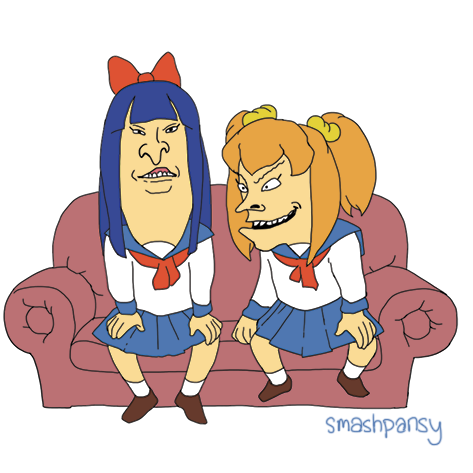 2girls :3 artist_name bangs beavis_and_butt-head blue_hair blue_sailor_collar blue_skirt bow brown_footwear commentary couch full_body hair_bow hair_ornament hair_scrunchie long_hair lowres mike_judge_(style) motion_lines multiple_girls neckerchief on_couch orange_hair pipimi pleated_skirt poptepipic popuko red_bow red_neckerchief sailor_collar school_uniform scrunchie serafuku shoes short_hair short_twintails sidelocks simple_background sitting skirt smashpansy socks teeth twintails two_side_up upper_teeth v-shaped_eyebrows white_background white_socks yellow_scrunchie
