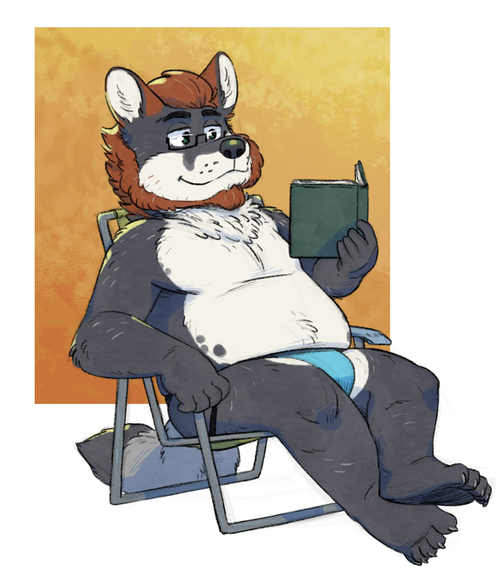 2022 anthro black_body book canid canine chair clothing eyewear fox furniture glasses guaxraccoon jockstrap male mammal reading sitting slightly_chubby solo underwear