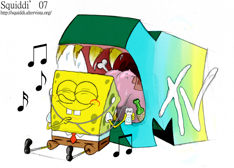 2007 anthro apple_inc. bottomwear buckteeth clothed clothing earbuds footwear freckles headphones impending_doom ipod male marine monster mtv music musical_note necktie nickelodeon pants shirt shoes simple_background smile socks solo sponge spongebob_squarepants spongebob_squarepants_(character) stepanda teeth topwear white_background yellow_body yellow_skin