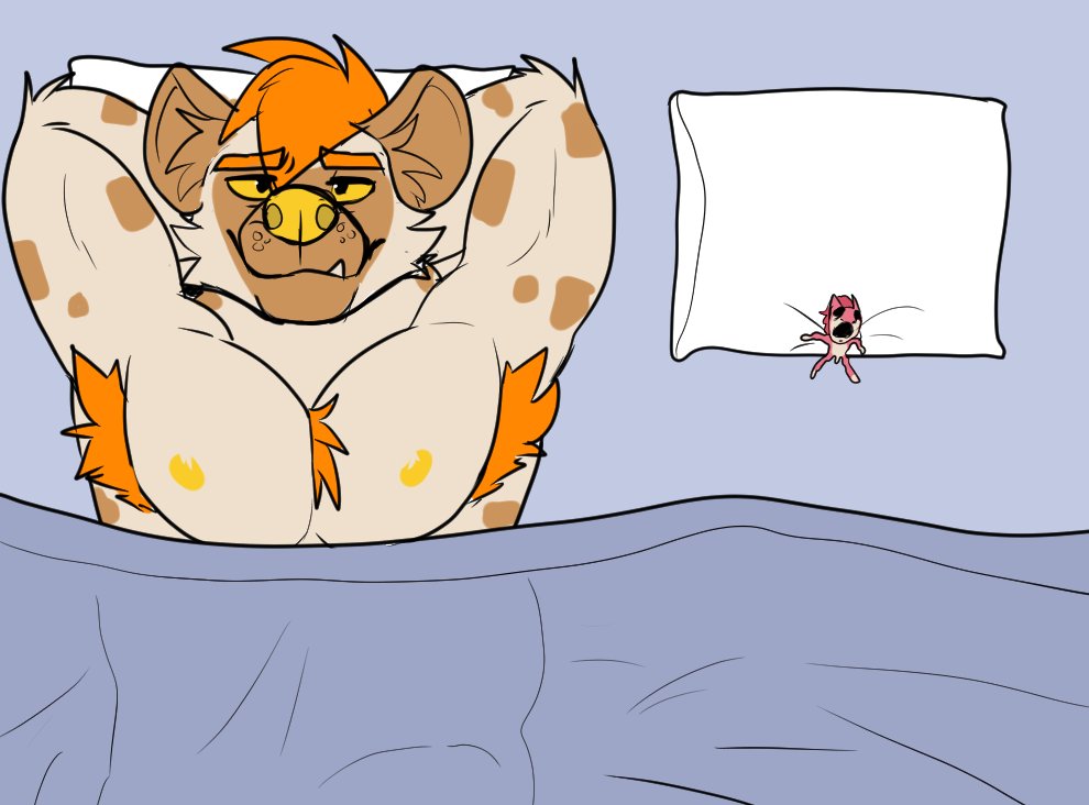2022 after_sex anthro armpit_hair bed bedding bedroom blanket body_hair chest_tuft chupado death_by_snu_snu diamobster drained duo empty_eye_sockets exhausted flaccid fur furniture genitals hair hands_behind_head humor hyaenid inside interspecies lying lying_on_bed male male/male mammal meme muscular muscular_anthro muscular_male nipples nude on_back on_bed orange_hair penis pillow pink_body pink_fur pink_hair satisfied_look sergal size_difference spots spotted_body spotted_fur sucked_silly tuft under_covers yellow_nipples yellow_nose yellow_sclera