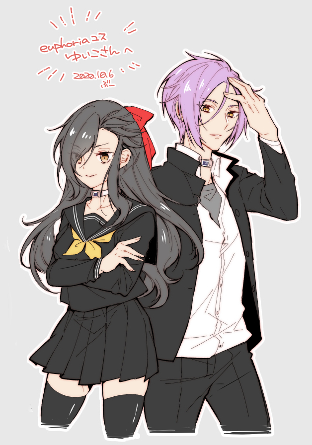 2boys black_hair black_serafuku black_thighhighs bow buu_(buu02) collar collarbone crossdressing crossed_arms euphoria_(clockup) grey_background hair_between_eyes hair_bow hand_in_own_hair julius_juukulius long_hair long_sleeves looking_at_viewer male_focus multiple_boys natsuki_subaru natsumi_schwarz purple_hair re:zero_kara_hajimeru_isekai_seikatsu red_bow sailor_collar school_uniform serafuku short_hair simple_background skirt smile thighhighs yellow_eyes