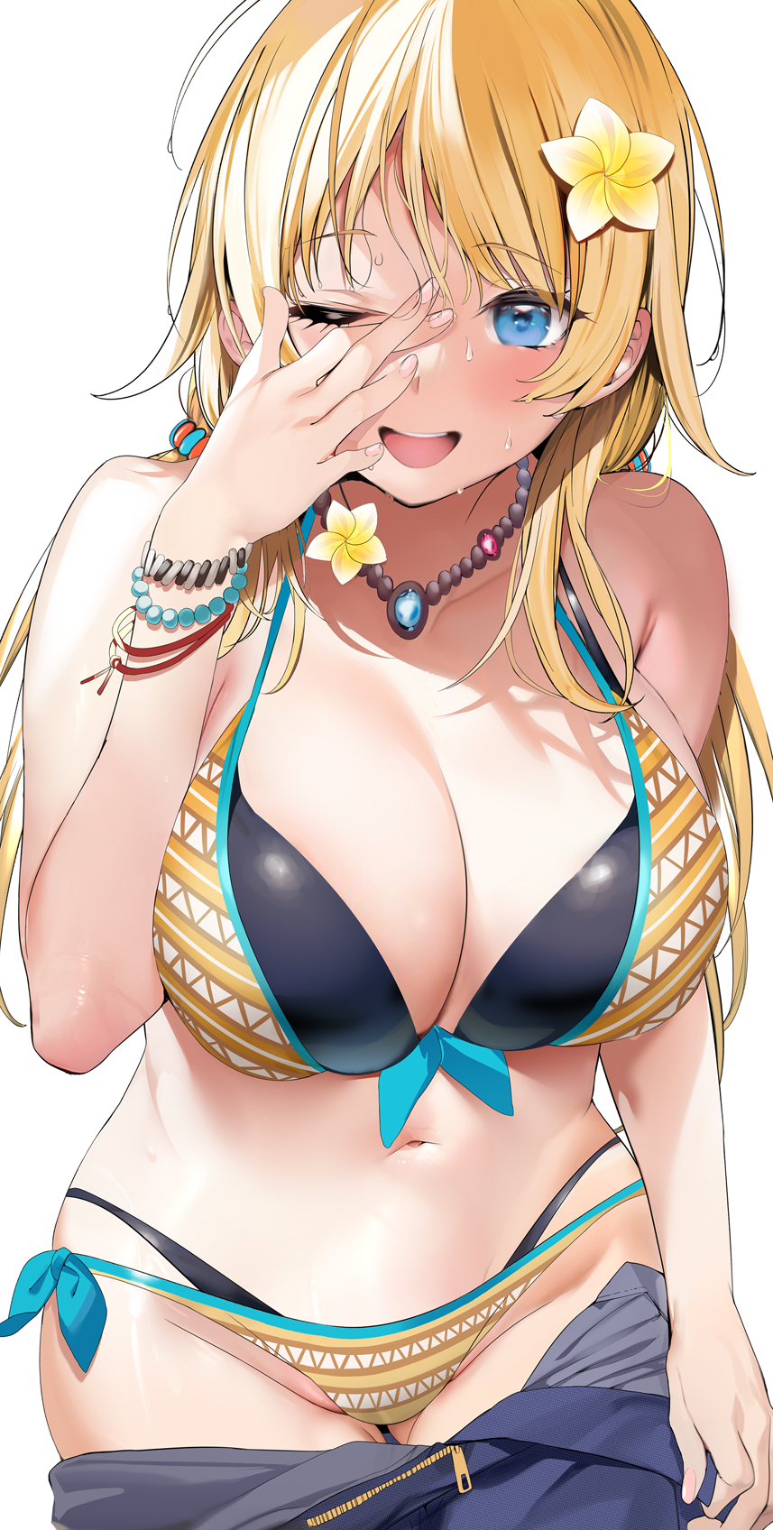 1girl bead_bracelet beads bikini black_bikini blue_eyes blue_skirt blush bracelet breasts flower hachimiya_meguru hair_flower hair_ornament highres idolmaster idolmaster_shiny_colors jewelry large_breasts layered_bikini long_hair looking_at_viewer marushin_(denwa0214) multicolored_bikini multicolored_clothes navel necklace one_eye_closed open_mouth side-tie_bikini_bottom skirt smile solo swimsuit undressing white_background yellow_bikini