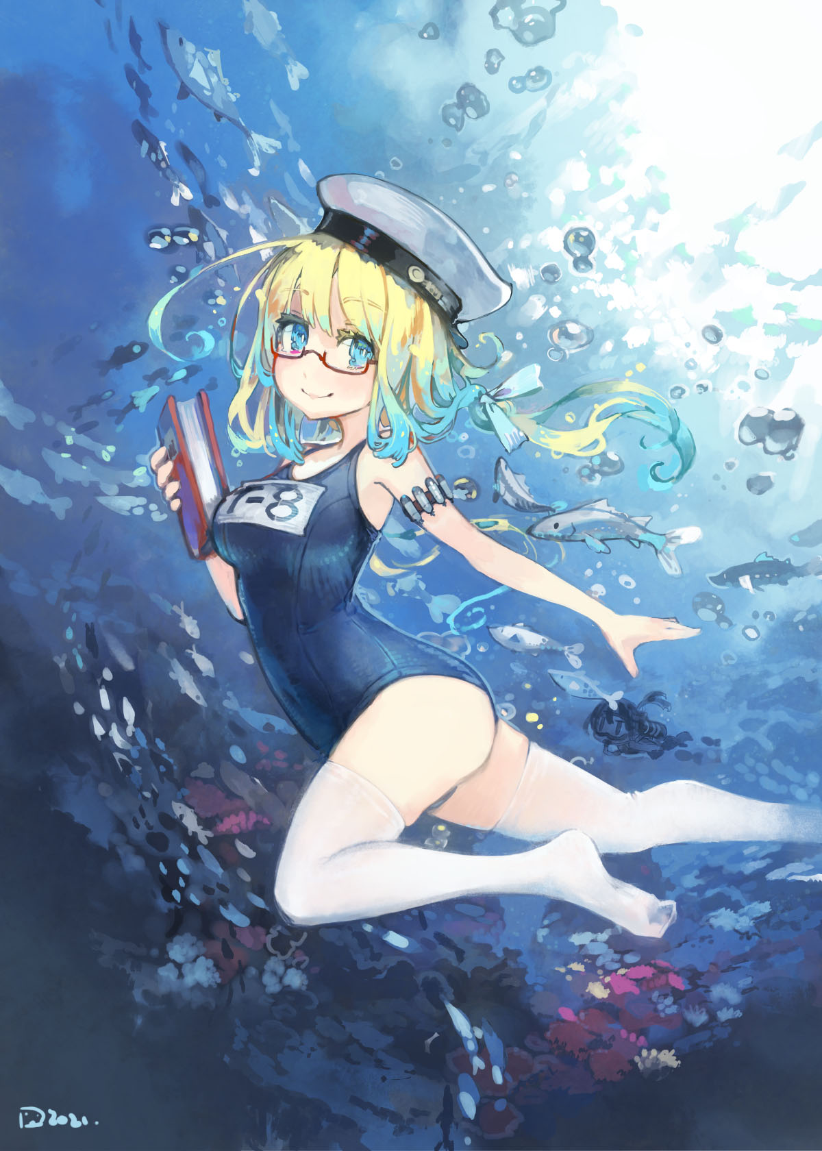 1girl air_bubble blonde_hair blue_eyes book breasts bubble fish freediving full_body glasses hat highres holding holding_book i-8_(kancolle) kantai_collection konno_takashi low_twintails medium_breasts name_tag red-framed_eyewear sailor_hat school_swimsuit semi-rimless_eyewear solo swimsuit twintails under-rim_eyewear underwater white_headwear