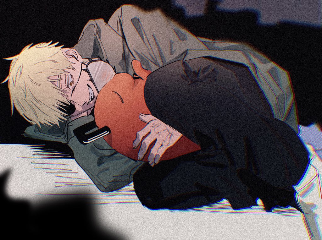 1boy black_pants blonde_hair chainsaw chainsaw_man closed_eyes denji_(chainsaw_man) eyepatch happy jacket looking_at_another lying on_floor pants pochita_(chainsaw_man) sharp_teeth short_hair sleeping smile teeth yomogii_ii