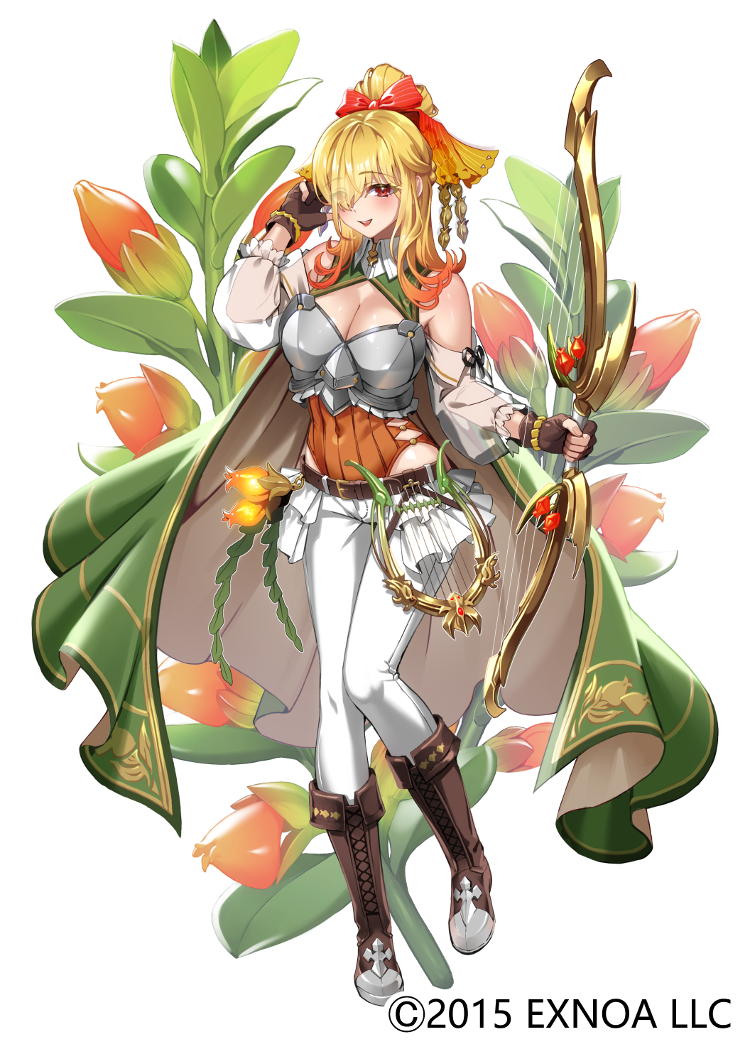 1girl armor blonde_hair boots bow bow_(weapon) breasts brown_footwear brown_gloves cape cleavage detached_sleeves fingerless_gloves flower flower_knight_girl full_body gloves gradient_bow gradient_hair green_cape hair_bow hair_bun hair_over_one_eye harp highres holding holding_bow_(weapon) holding_weapon hypocyrta_(flower_knight_girl) instrument knee_boots large_breasts leotard looking_at_viewer medium_hair multicolored_hair name_connection object_namesake official_art open_mouth orange_hair orange_leotard pants red_bow red_eyes saruchitan see-through see-through_sleeves shiny shiny_hair shiny_skin simple_background skin_tight smile solo standing weapon white_background white_pants