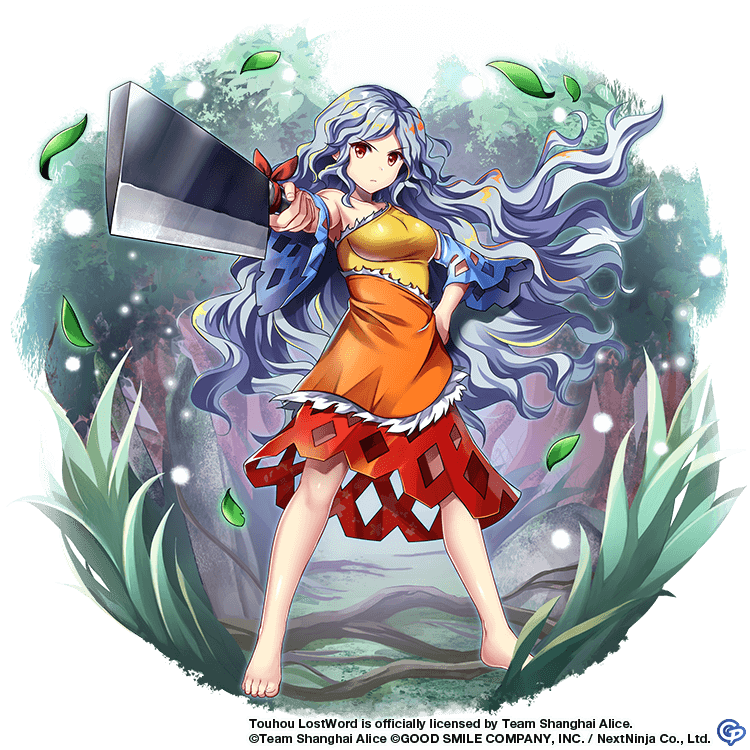 1girl barefoot breasts cleaver copyright detached_sleeves dress grass hashitsuki_nata large_breasts leaf long_hair looking_at_viewer multicolored_clothes multicolored_dress nata_(tool) official_art orange_dress red_dress red_eyes rotte_(1109) sakata_nemuno single-shoulder_dress single_bare_shoulder single_strap solo touhou touhou_lost_word transparent_background wavy_hair white_hair yellow_dress