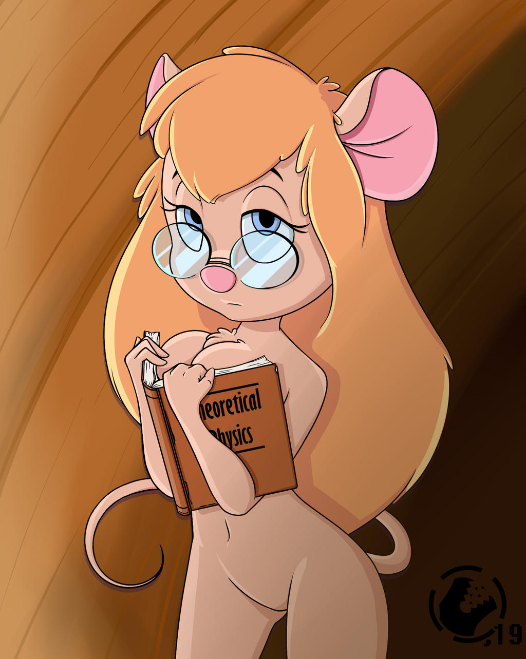 2019 anthro blonde_hair book breasts casual_nudity chest_tuft chip_'n_dale_rescue_rangers cleavage clothed clothing covering covering_breasts disney eyewear featureless_crotch female gadget_hackwrench glasses hair hi_res killedbycreatures long_hair looking_at_viewer mammal mouse murid murine nude pink_nose rodent solo tuft