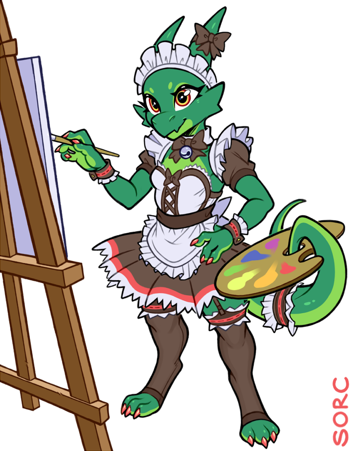 anthro bell bell_collar brush clothing collar easel female garter_belt garter_straps green_body kobold legwear maid_uniform multicolored_eyes paintbrush palette solo sorc thigh_highs uniform