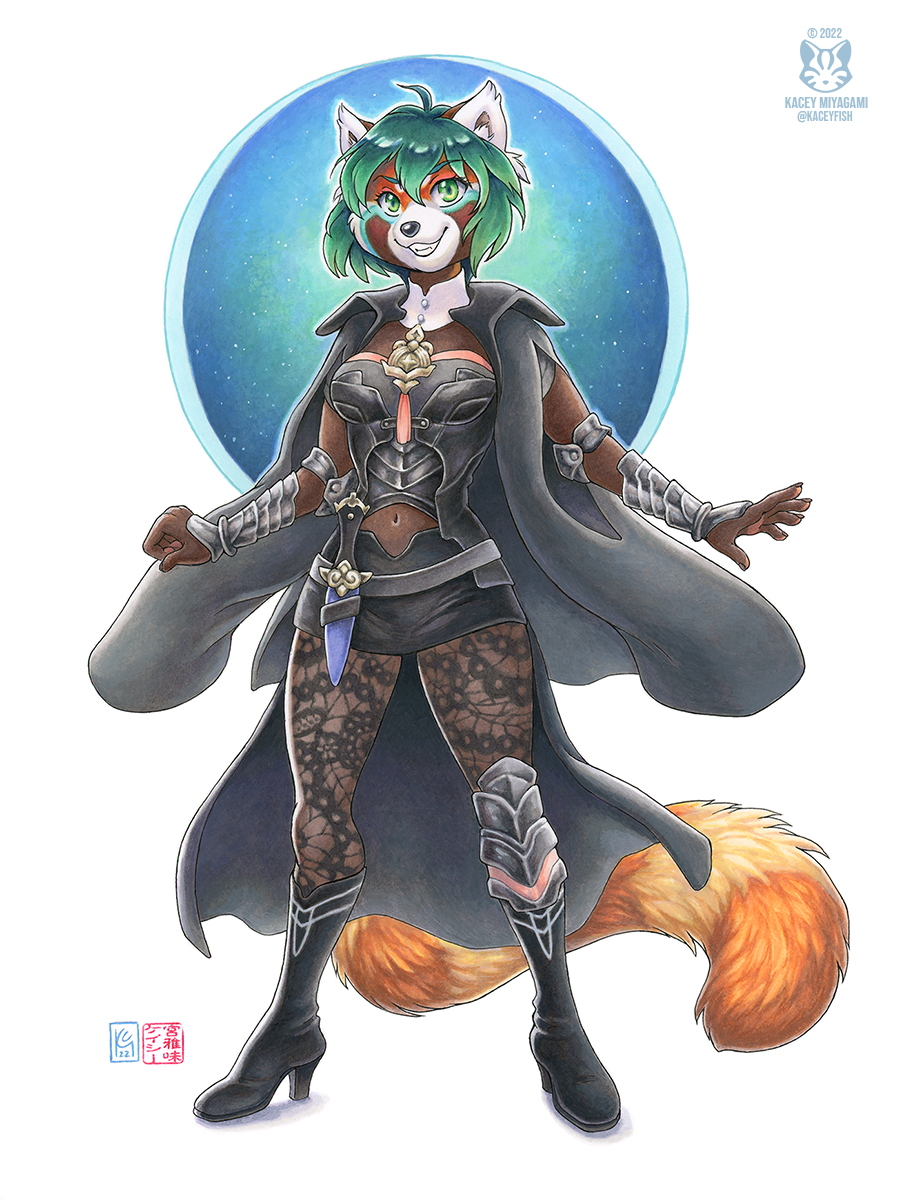 2022 ailurid anthro armor boots bottomwear breasts byleth_(fire_emblem) chise_(suntattoowolf) clothing cosplay female footwear green_eyes green_hair grin hair hi_res kacey knife looking_at_viewer mammal markings red_panda ring_(marking) ringtail simple_background skirt smile solo tail_markings traditional_media_(artwork) vambraces white_background