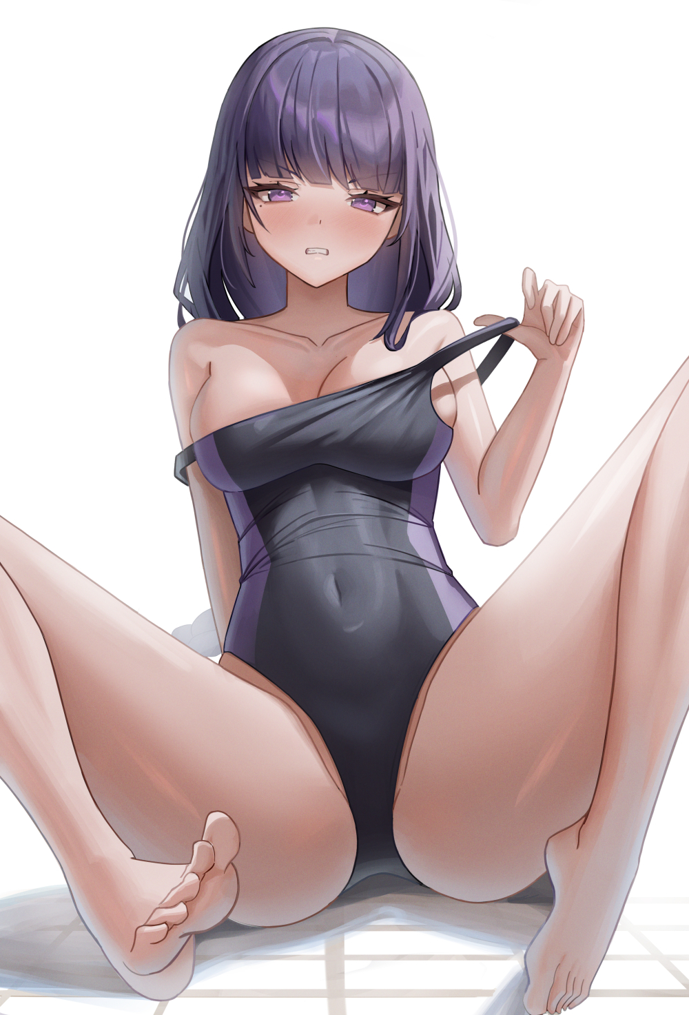 1girl alternate_costume arm_behind_back bangs bare_arms bare_shoulders barefoot black_one-piece_swimsuit blush braid braided_ponytail breasts cleavage clenched_teeth clothes_pull collarbone covered_navel feet genshin_impact highres knees_up leaning_back long_hair medium_breasts mole mole_under_eye off_shoulder one-piece_swimsuit purple_eyes purple_hair raiden_shogun sidelocks single_braid sitting solo spread_legs swimsuit swimsuit_pull teeth thighs toes toki88909 two-tone_swimsuit v-shaped_eyebrows white_background