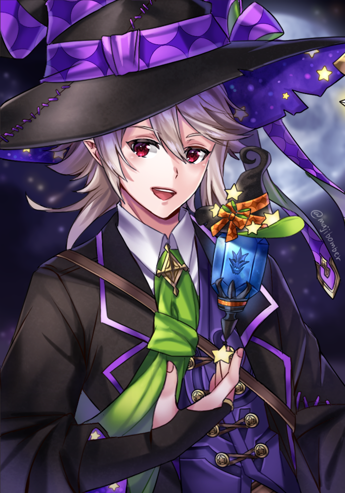 1boy bridal_gauntlets corrin_(fire_emblem) corrin_(fire_emblem)_(male) dragonstone fire_emblem fire_emblem_fates fire_emblem_heroes green_sash halloween halloween_costume maji_(majibomber) open_mouth pointy_ears red_eyes sash short_hair smile solo teeth upper_teeth watermark white_hair wizard