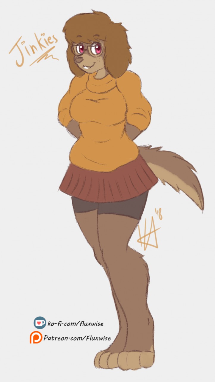 2018 anthro bottomwear brown_body brown_fur brown_hair canid canine canis clothed clothing digitigrade domestic_dog eyebrow_through_hair eyebrows eyewear feet female fluffy fluffy_hair fluxwise freckles fur glasses hair hanna-barbera hi_res legwear looking_at_viewer mammal paws pink_eyes scooby-doo_(series) shaggy_hair simple_background skirt smile solo sweater text tights toes topwear translucent translucent_hair two_tone_face velma_dinkley watermark white_background