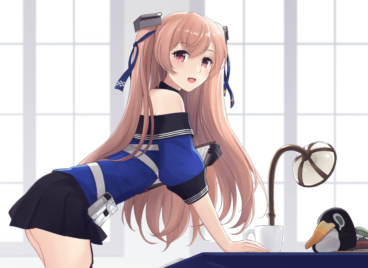 1girl bare_shoulders brown_hair coffee_mug cup dress failure_penguin from_side garter_straps johnston_(kancolle) kantai_collection looking_at_viewer medium_hair mug odachu open_mouth purple_eyes smile solo two_side_up