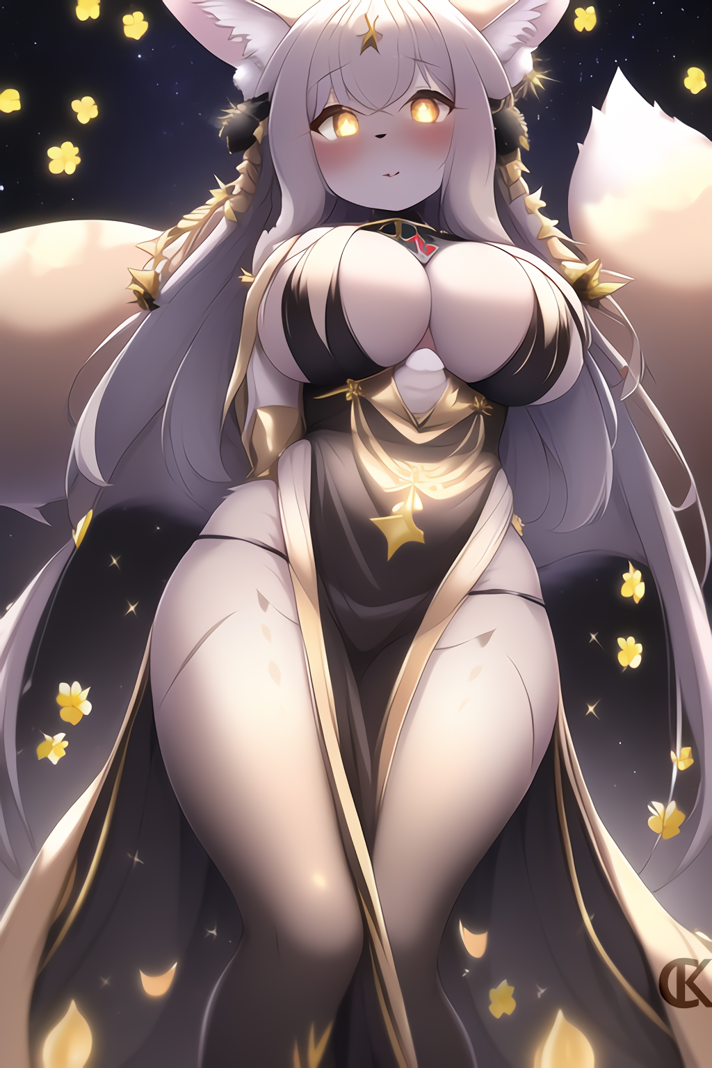 2_tails anthro big_breasts blush breasts canid canine cyberkitt deity female fennec flower fox glint hi_res japanese_dress jewelry luumy_(cyberkitt) mammal multi_tail plant solo space star thick_thighs yellow_eyes