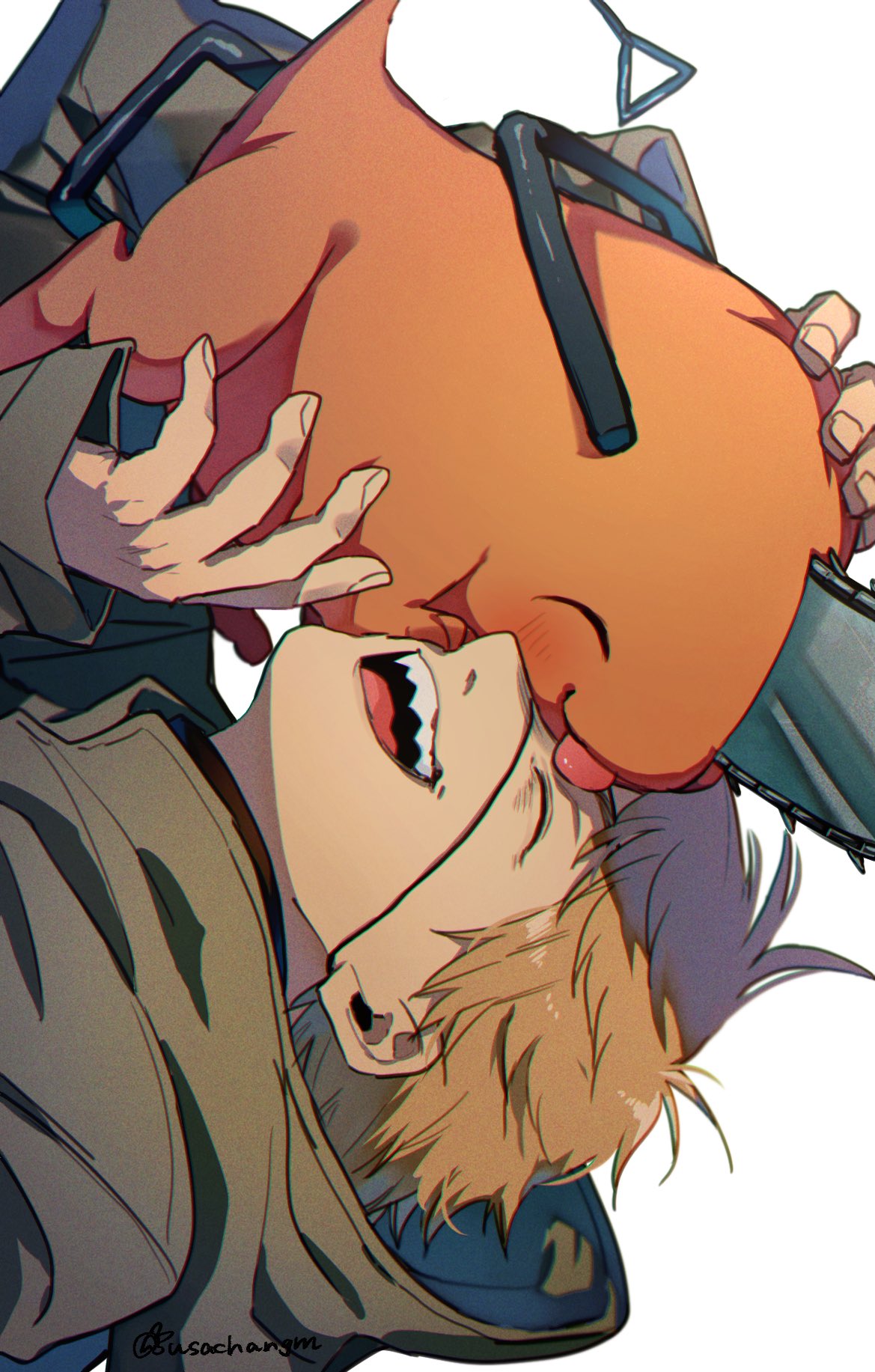 1boy 1other artist_name bangs blush brown_hair chainsaw chainsaw_man closed_eyes closed_mouth colored_skin denji_(chainsaw_man) fingernails green_hoodie hair_between_eyes hands_up highres hood hoodie hug licking light_brown_hair long_sleeves open_mouth orange_skin pet pochita_(chainsaw_man) sharp_teeth short_hair simple_background smile teeth tongue upper_body usachangm white_background wide_sleeves