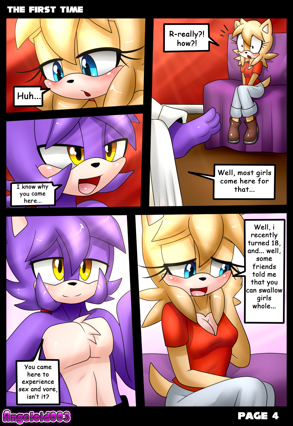 2022 3_toes aleon_the_hedgehog_(angeloid003) angeloid003 anthro black_nose blue_eyes blush chest_tuft clothed clothing comic dialogue digital_media_(artwork) duo english_text eulipotyphlan eyelashes fan_character feet female hedgehog hi_res male mammal open_mouth sega sitting smile sonic_the_hedgehog_(series) speech_bubble text toes topless tuft yellow_eyes