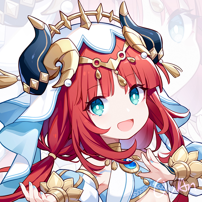 1girl :d aqua_eyes blue_nails bright_pupils brooch circlet crop_top detached_sleeves genshin_impact gold_trim horns jewelry long_hair long_sleeves looking_at_viewer nail_polish neck_ring nilou_(genshin_impact) open_mouth outstretched_hand puffy_long_sleeves puffy_sleeves quan_(kurisu_tina) red_hair signature simple_background smile solo twintails upper_body veil white_background white_headwear white_pupils zoom_layer