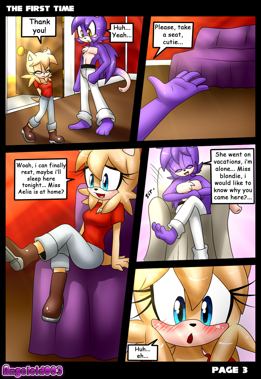 2022 3_toes 5_fingers aleon_the_hedgehog_(angeloid003) angeloid003 anthro black_nose blue_eyes blush chest_tuft clothed clothing comic dialogue digital_media_(artwork) door duo english_text eulipotyphlan fan_character feet female fingers footwear hedgehog hi_res inside male mammal open_mouth sega sitting smile sonic_the_hedgehog_(series) speech_bubble text toes topless tuft yellow_eyes