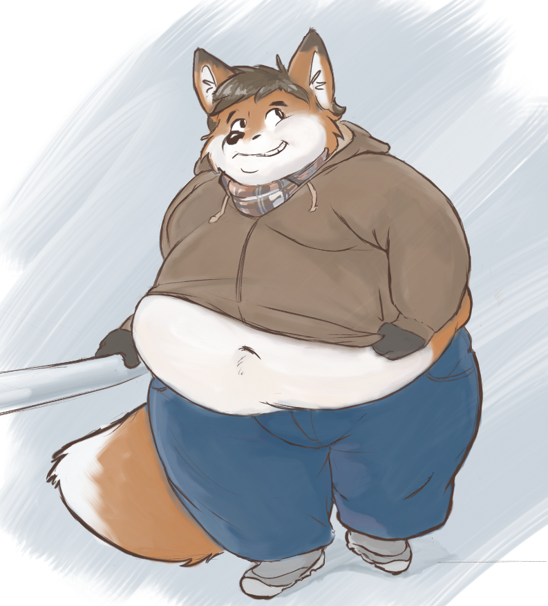 anthro belly belly_overhang big_belly brown_hair canine chubby_cheeks clothed clothing dipstick_tail double_chin fox fur grin hair hoodie male mammal midriff moobs multicolored_tail navel obese obese_male orange_fur overweight overweight_male scarf smile solo tanukisan thick_thighs walking white_fur wide_hips
