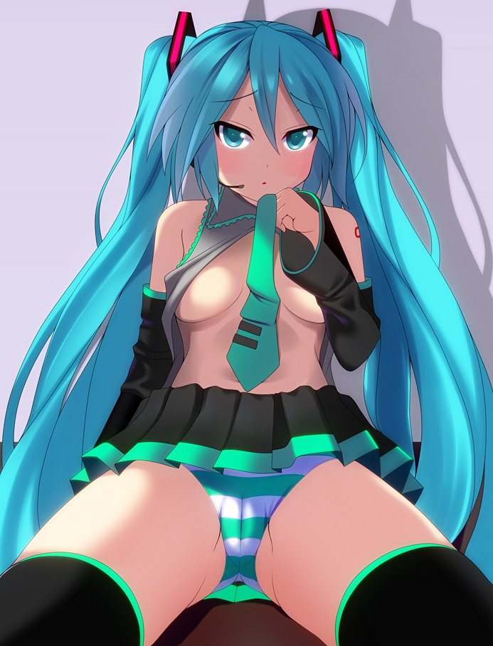 aqua_eyes aqua_hair breasts cameltoe detached_sleeves hatsune_miku headset kyoku_tou long_hair medium_breasts necktie open_clothes open_shirt panties shirt sitting skirt solo striped striped_panties thighhighs twintails underwear very_long_hair vocaloid