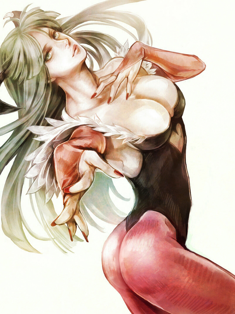 arched_back ass bare_shoulders bat_wings breasts bridal_gauntlets cleavage demon_girl feathers fingernails foreshortening green_eyes green_hair head_wings heart large_breasts leotard lips lipstick long_fingernails long_hair makeup morrigan_aensland nail_polish no_bra one-piece_thong outstretched_hand panties pantyhose red_nails simple_background solo succubus tetra_takamine thong_leotard underwear vampire_(game) wings