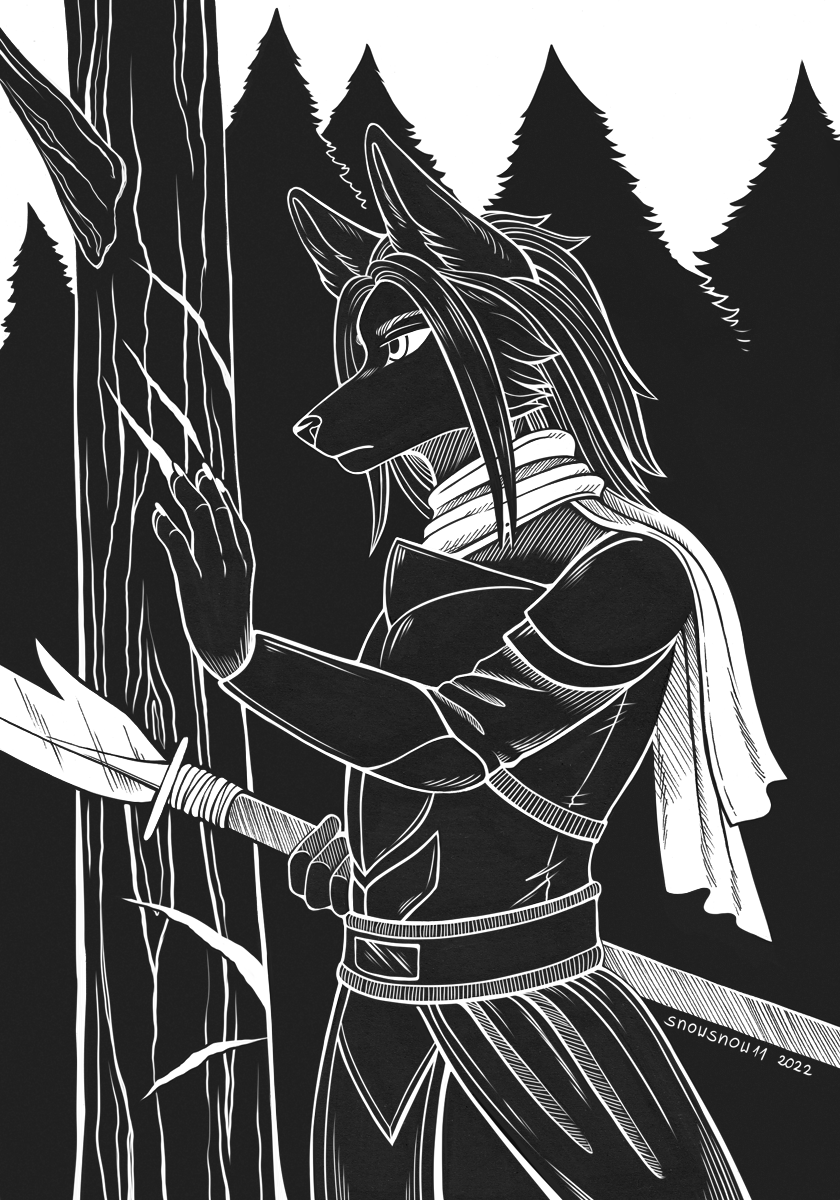 2022 5_fingers anthro armor black_and_white canid canine canis claw_marks claws clothed clothing finger_claws fingers forest fur hair hi_res holding_object holding_spear holding_weapon humanoid_hands male mammal melee_weapon monochrome plant polearm scarf signature sketch snowsnow11 solo spear tree weapon wolf
