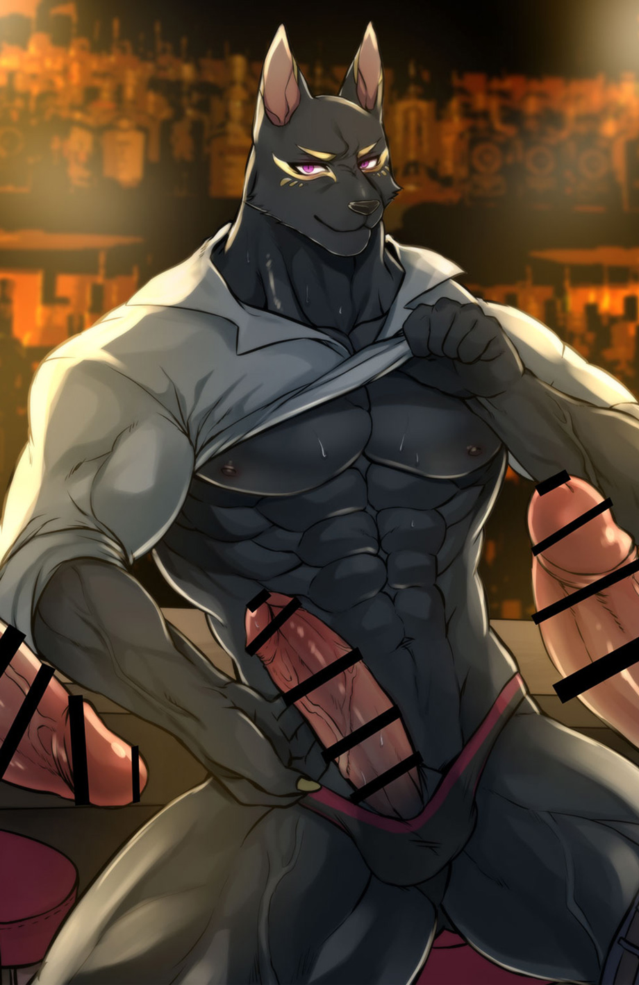5_fingers abs anthro anubian_jackal balls bar bar_stool bedroom_eyes biceps big_penis biped black_body black_ears black_fur black_nipples black_nose black_pupils bottle canid canine canis censored cheek_tuft claws clothed clothing clothing_lift colored detailed_background digital_media_(artwork) dipstick_ears disembodied_penis erection eye_markings facial_markings facial_tuft finger_claws fingers front_view fur furniture genitals glistening glistening_genitalia glistening_penis gold_markings group hayami_chiharu head_markings hi_res humanoid_genitalia humanoid_hands humanoid_penis inside jackal kemono light lighting looking_at_viewer male male/male mammal markings monotone_body monotone_fur multicolored_ears muscular muscular_anthro muscular_male narrowed_eyes navel nipples partially_clothed pecs penis photo_background pink_inner_ear pink_penis poking_out portrait public public_exposure pupils purple_eyes quads red_clothing red_thong red_underwear seductive shaded shirt shirt_lift sitting smile snout solo_focus stool thick_thighs thong three-quarter_portrait topwear trio tuft two_tone_ears underwear undressing vein veiny_penis yellow_ears yellow_markings