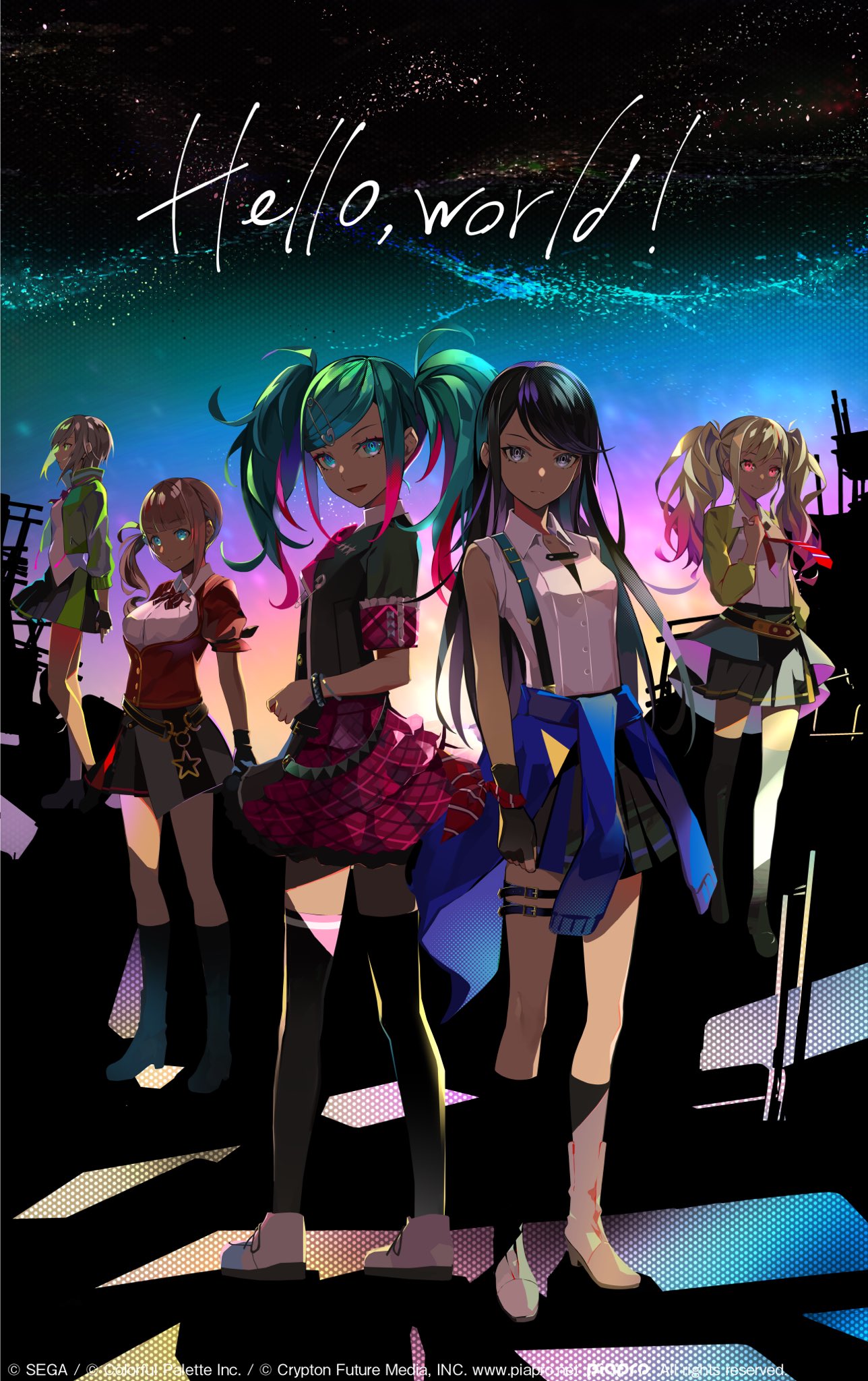 5girls aqua_hair arm_at_side bangs belt black_belt black_footwear black_gloves black_hair black_skirt black_socks black_thighhighs blonde_hair blue_background blue_sweater blunt_bangs boots bracelet breasts brown_hair buttons chair clenched_hand clothes_around_waist collared_shirt colored_tips colorful cropped_jacket dark_background darkness diagonal-striped_necktie diagonal-striped_ribbon diagonal_stripes drawstring drill_hair fingerless_gloves framed_breasts full_body gloves gradient gradient_background green_background green_eyes green_jacket grey_eyes grey_hair halftone hatsune_miku high_collar highres hinomori_shiho hoshino_ichika_(project_sekai) jacket jewelry knee_boots kneehighs lam_(ramdayo) leo/need_(project_sekai) long_hair looking_afar looking_at_viewer loose_belt mochizuki_honami multicolored_background multicolored_hair multiple_girls neck_ribbon necktie official_art orange_background paperclip_hair_ornament pink_background pink_eyes pink_hair pink_ribbon pink_skirt plaid plaid_skirt pleated_skirt profile project_sekai puffy_short_sleeves puffy_sleeves red_necktie red_ribbon ribbon ringed_eyes school_chair serious shiny shiny_hair shirt short_hair short_sleeves side-by-side side_drill silhouette simple_background single_sidelock skirt sleeveless sleeveless_shirt small_breasts socks song_name standing straight_hair streaked_hair striped studded_bracelet sweater sweater_around_waist swept_bangs tenma_saki text_focus thigh_belt thigh_strap thighhighs track_jacket tsurime twintails two-tone_skirt underbust vocaloid white_footwear white_shirt wrist_bow zettai_ryouiki