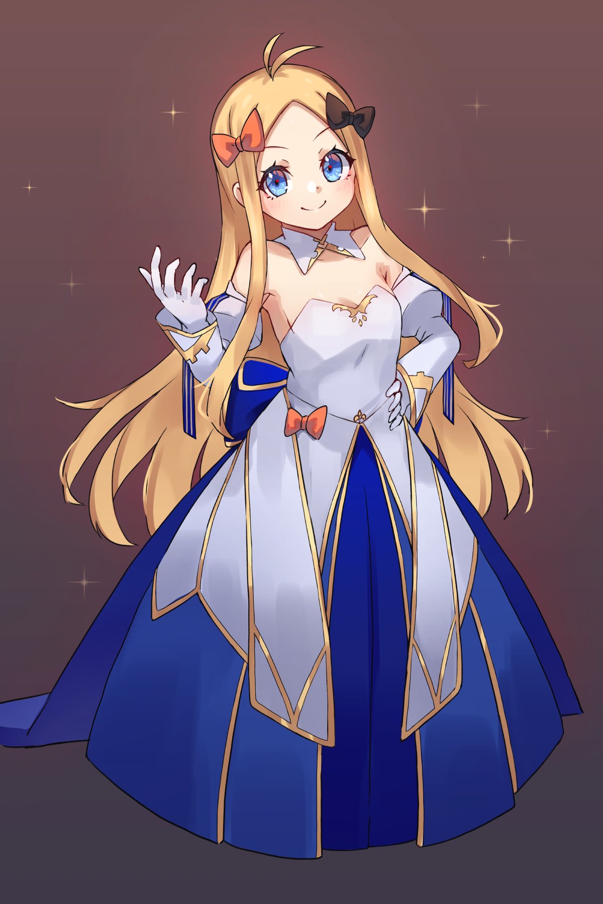1girl abigail_williams_(fate) archetype_earth archetype_earth_(cosplay) bangs bare_shoulders black_bow blonde_hair blue_eyes blue_skirt blush bow breasts cosplay detached_collar detached_sleeves dress fate/grand_order fate_(series) forehead full_body gloves hair_bow highres layered_skirt long_hair long_skirt looking_at_viewer miya_(miyaruta) multiple_bows orange_bow parted_bangs skirt small_breasts smile solo tsukihime white_dress white_gloves