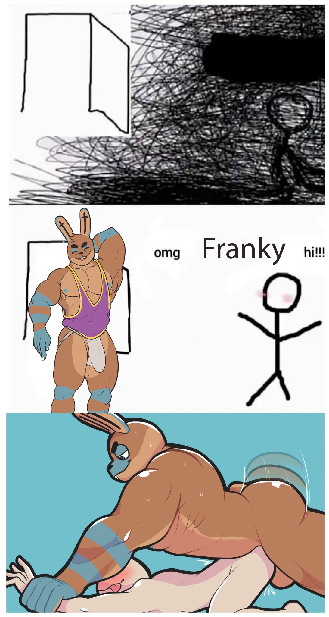 abs anal anal_penetration anthro anthro_penetrating anthro_penetrating_human balls big_muscles blue_markings blush bodily_fluids brown_body brown_fur bulge butt clothing doggystyle duo franky_(palchamon) from_behind_position fur genitals hi_res holding_arm holding_partner human human_on_anthro human_penetrated interspecies lagomorph larger_anthro larger_male leporid looking_pleasured male male/male male_penetrated male_penetrating male_penetrating_male mammal markings meme motion_blur muscular muscular_anthro muscular_male nipples nude omg_hi! palchamon pecs penetration penile penile_penetration penis_in_ass rabbit sex shirt size_difference smaller_human smaller_male smaller_penetrated sweat tank_top teeth tongue tongue_out topwear underwear