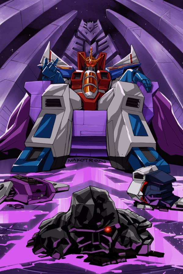 alternate_universe assault_visor cape crown decepticon glowing glowing_eye glowing_eyes looking_at_viewer makoto_ono mecha megatron middle_finger purple_cape red_eyes robot severed_head shockwave_(transformers) sitting solo_focus soundwave_(transformers) starscream straight-on transformers